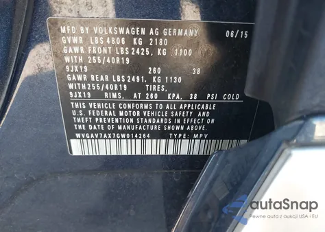 2016 Volkswagen Tiguan R-Line from USA, damaged, VIN WVGAV7AX7GW014264